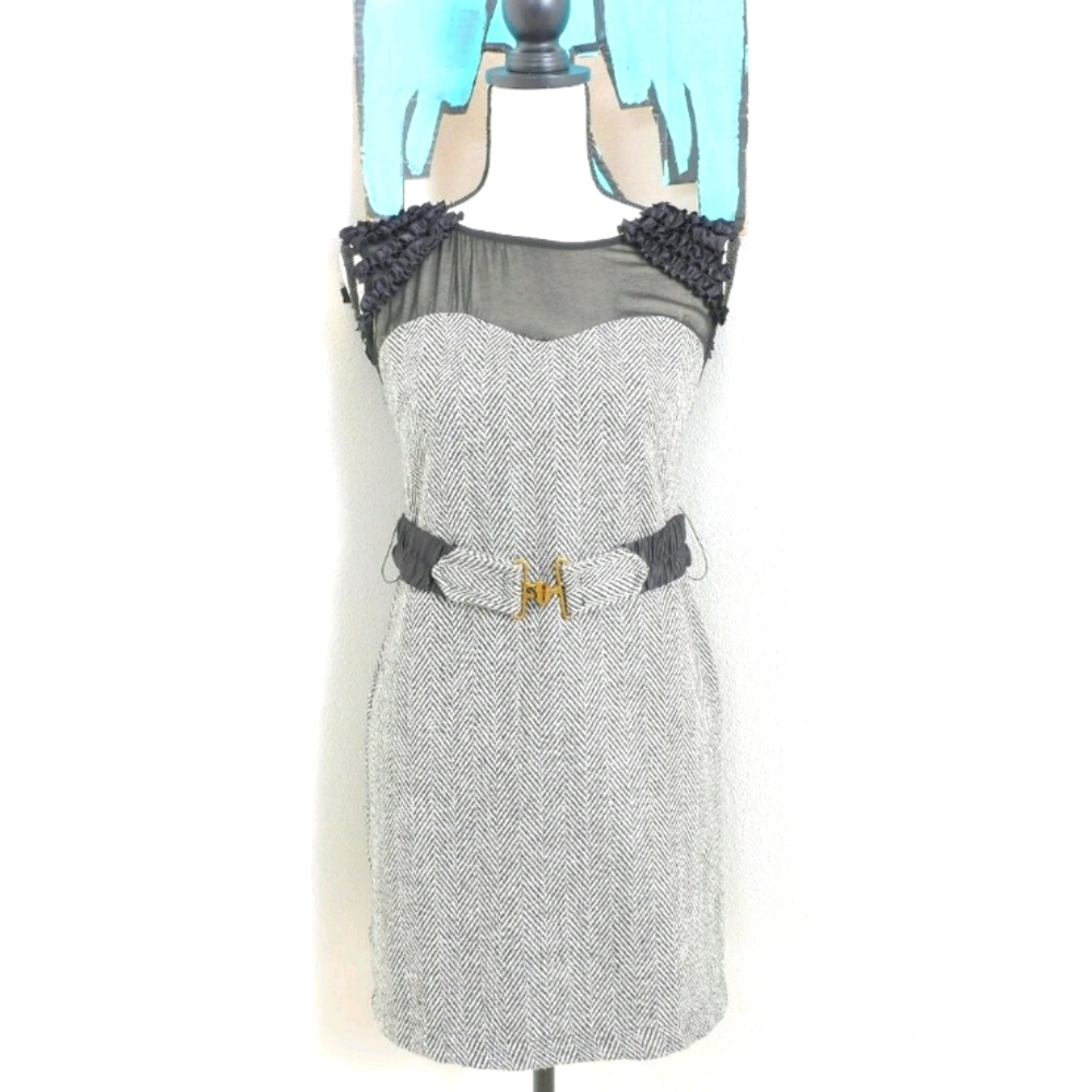 Luluvia Tweed Black/Gry Ruffle Sleeve Belted Dress